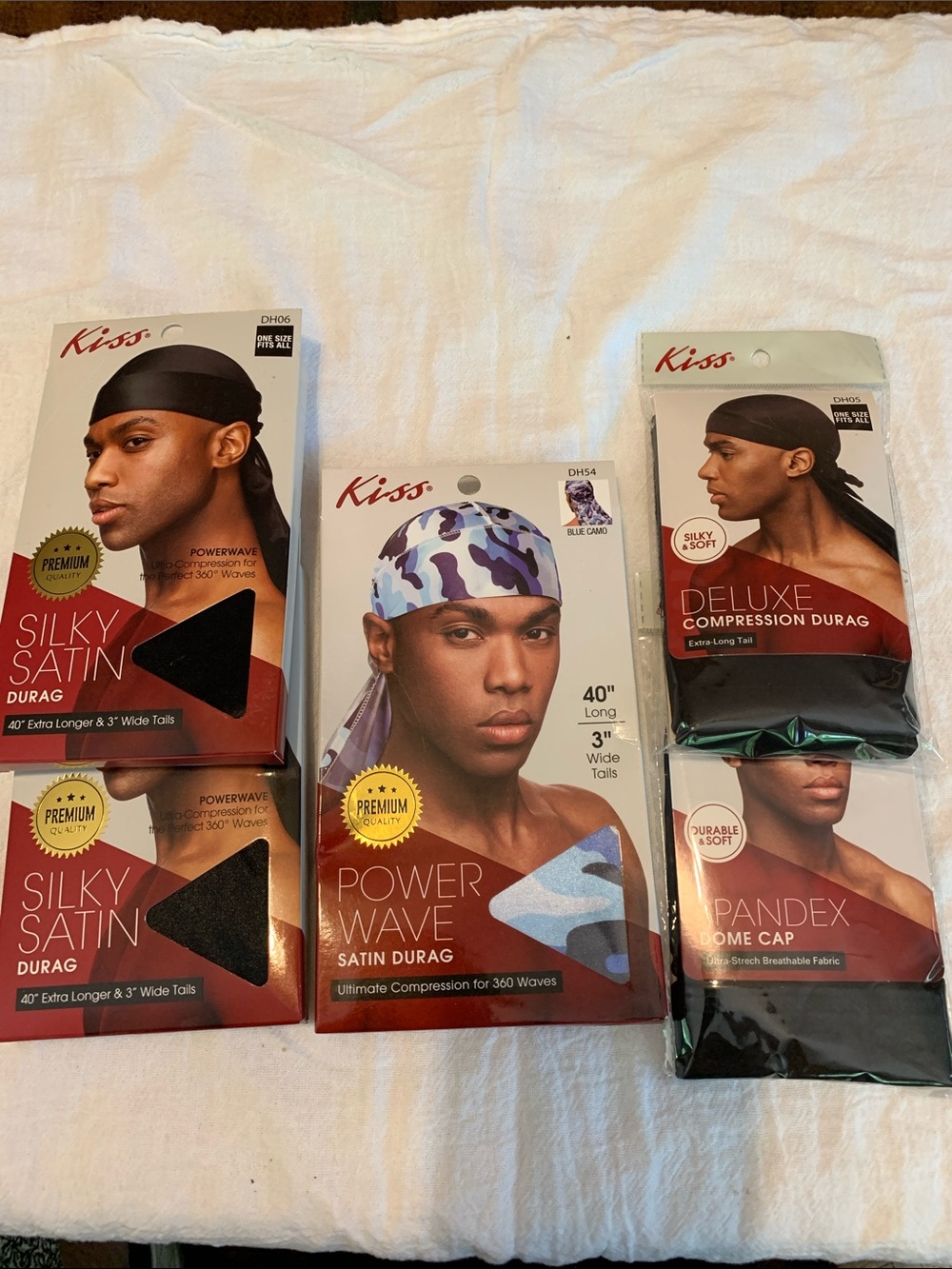 Kiss Satin & Premium Durags 5-PK NEW Black-Blues-Black Camo Premium extra Long